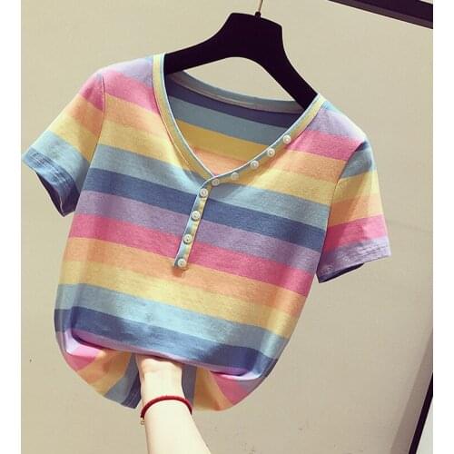 Beautiful Rainbow Colorful Women T-Shirts Summer New Design 2021 V-Neck Button Slim Cute Cotton Female Pulls Tops Tees