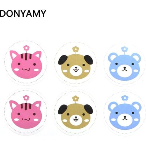 DONYAMY 100pcs Round Cute Cat Dog Bear Seal Sticker baking package