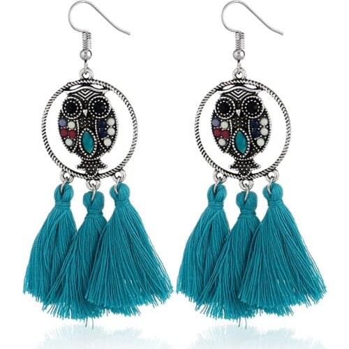 Fashion Bohemian Tassel Owl Dangle Earrings Personality Temperament Geometry Alloy Resin Drop Earrings