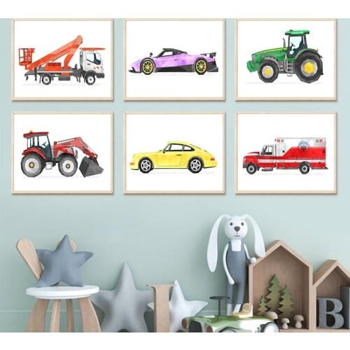 Cartoon Sports Car Tractor Engineering Vehicle Wall Art Canvas Painting Nordic Posters And Prints Wall Pictures Child Room Decor