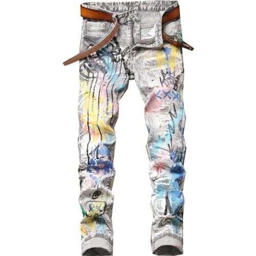 2021 Mens Fashion Splash Ink Colorful Printed Jeans Men Streetwear Cotton Denim Pants Slim Male Casual Jean Pantalon Hombre