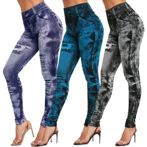 Slim Women Leggings Faux Denim Jeans High Waist Elastic Pants Fitness Sports Leggings Gym Workout Running Push Up Trousers