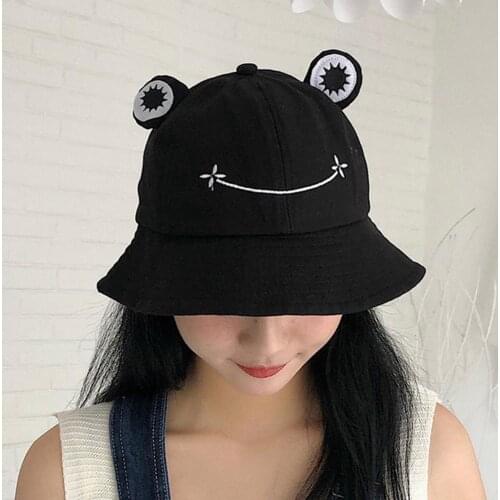 Bucket Hat Breathable Frog Ears Embroidery Pattern Cotton Froggy Fisherman Cap for Women