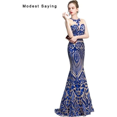 Luxury Royal Blue Mermaid Sequined Evening Dresses 2019 Sexy Illusion Neckline Long Party Prom Gowns vestidos de fiesta de noche