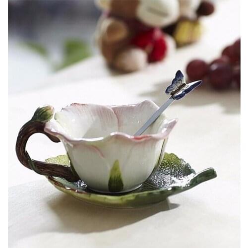 Pink rose cup ceramic cup Creative Teacup Set Coffee Cup Herbal Tea Set Cute Wedding Cup Saucer Spoon Combination