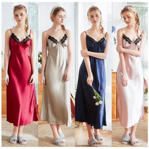 Ladies Sexy Silk Satin Nightgown Sleeveless Nighties Long Nightdress V-neck Sleep Shirt Summer Night Dress Nightwear For Women