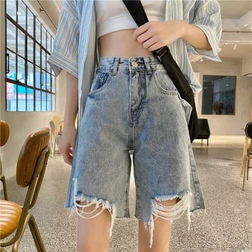 High Waist Slim Denim Jeans Shorts Pants Womens Summer Loose Hole Straight Five-Point Korean Style Shorts Casual Wide Leg Short