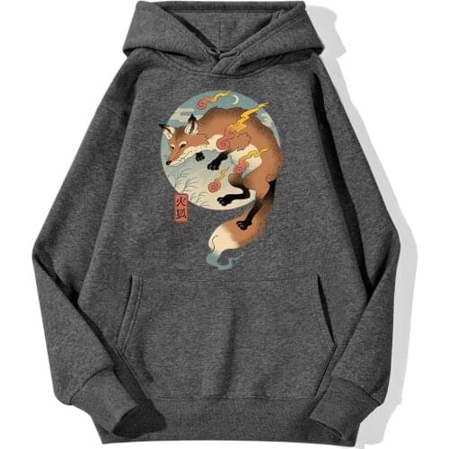 Cartoon Fire Fox Japanese Printed Hoodie Streetwear Loose Harajuku Hoodies Men Warm Pullovers Men Autumn Hip Hop Sweatshirt