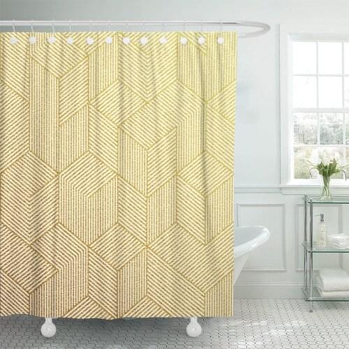 Yellow Gold Geometric Pattern Hexagon Line Golden Christmas Diagonal Shower Curtain Polyester Fabric 72 x 78 inches Set