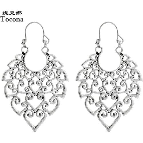 Tocona Bohemian Heart Danlge Drop Earrings Vintage Gold Silver Color Metal Geometric Tree Jewelry for Women Accessories 9664