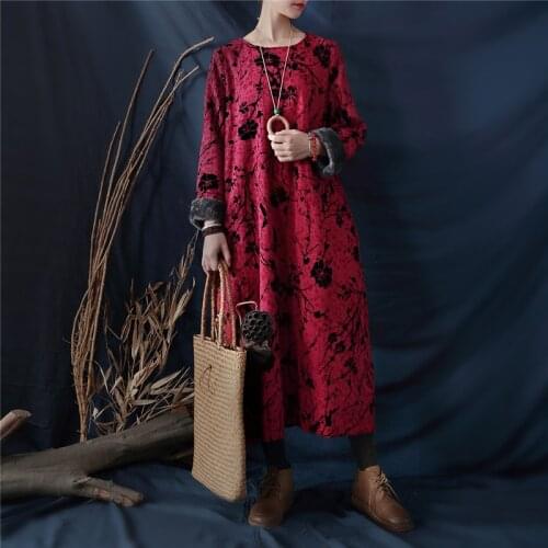 Johnature Women Jacquard Vintage Dresses Chinese Style Fleece Robes 2020 Winter New 3 Color Women Cloths Warm Cotton Dresses
