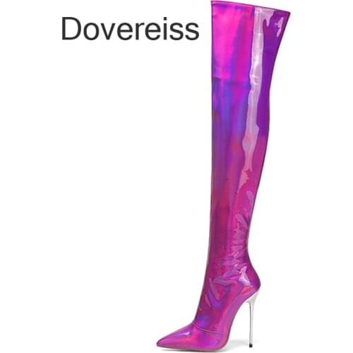 Dovereiss Fashion Womens Shoes Winter Pointed Toe Stilettos Heels Sexy Elegant Over The Knee Boots Snakeskin New Big Size 44 45