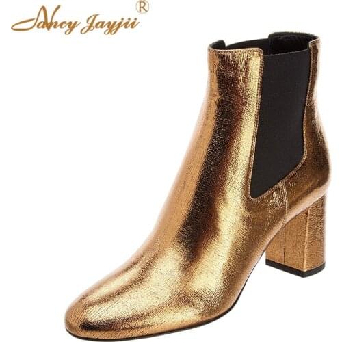 Golden Ankle Short Chelsa Boots Block Heeled Rounded Toe Womens Winter Warm Booties Ladies Shoes Big Size 15 16 Slip On Luxury
