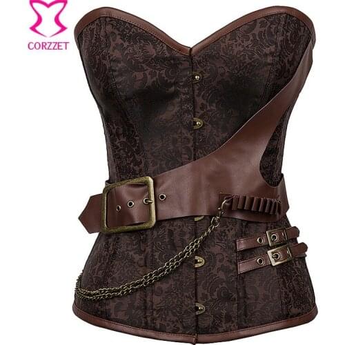 Vintage Brown Brocade Military Steampunk Corset Plus Size Corsets and Bustiers Steel Boned Korsett For Women Gothic Clothing
