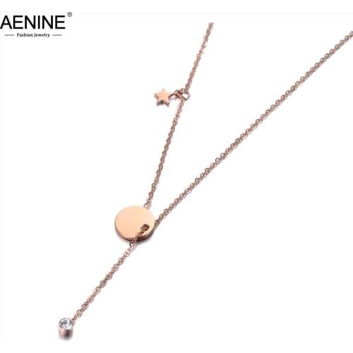 AENINE Office Stainless Steel Round Tag Star Pendant Necklaces Jewelry Trendy Rhinestone Chokers Necklace For Women Girl AN19014