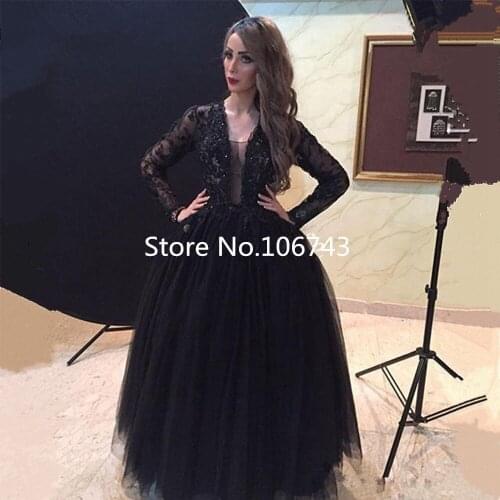 Robe de soiree Long sleeve Appliques ball gown Muslim abendkleider Vestido de festa Lace black Prom mother of the bride Dress