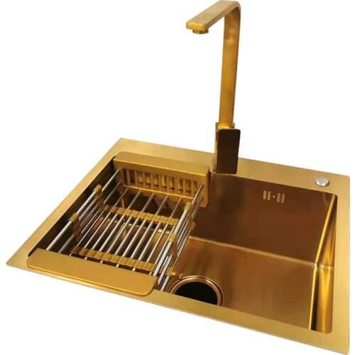 Gold Nano 304 Stainless Steel Kitchen Sink Single Trough Kitchen Handmade Sink Brushed Gold 1.0mm Thickened Wash Basin Sinks