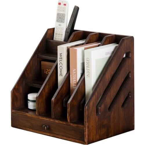 Zq Retro Solid Wood Desktop Bookshelf Office File Shelf Storage Box Creative Magazine Shelf