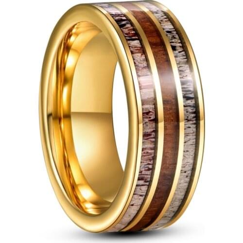 8mm Electric Gold Color Inlaid Deer Antler Wood Grain Tungsten Steel Ring For Men Fashion Wedding Rings Jewelry Gift