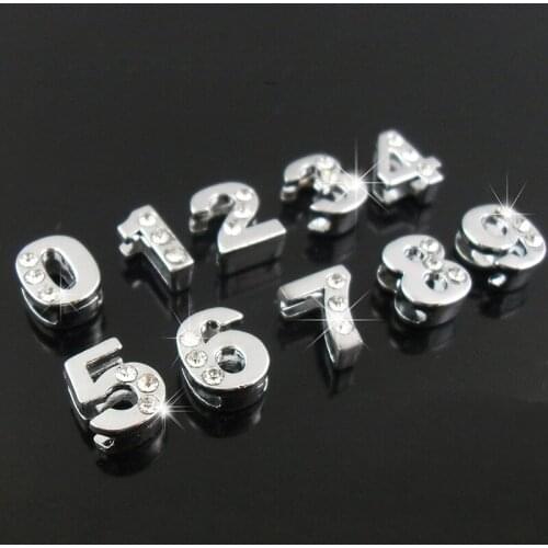8mm Silver 0-9 Numbers Slide Charms Flat Hole Metal Beads Keeper Fit 8mm Stainless Steel Mesh Bracelets DIY Jewelry Making