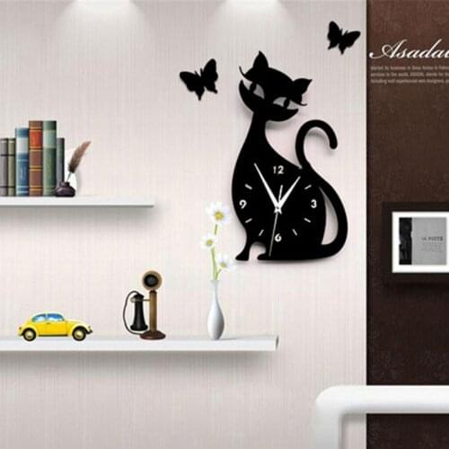 Creative Acrylic Mirror Wall Clock Cartoon Cat Pointer Clock Watch Office Living Room Wall Mounted Clocks Decoration Ornament