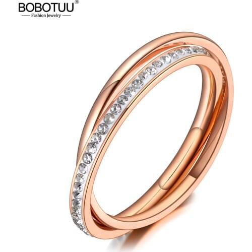 BOBOTUU Fashion 2 Layers White Clay Crystal Wedding Rings Jewelry Stainless Steel Rhinestone Engagement Ring For Women BR20047
