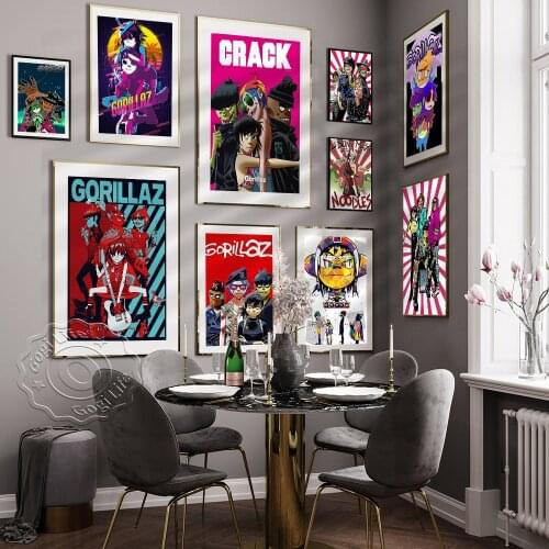 British Virtual Band Gorillaz Art Prints Poster, Cartoon Animated Character Wall Picture, Vintage Popular Art Canvas Painting
