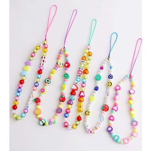 Summer Fashion Colorful Beads Pearl Cell Phone Chain For Women Girls Soft Clay DIY Mobile Phone Chains Rope Phone Case Lanyards