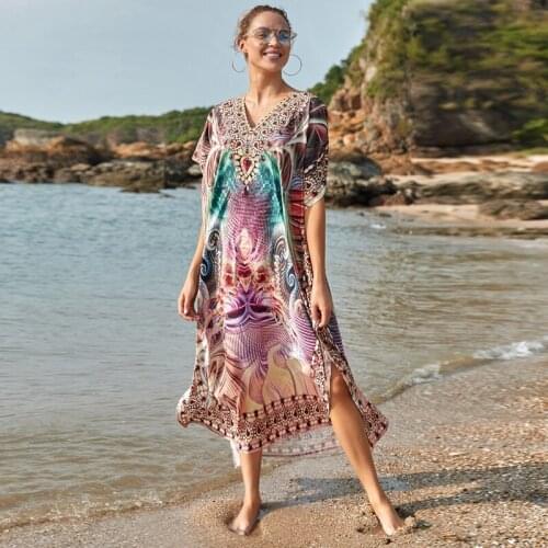 Long Maxi Dress Summer Resortwear Caftans Holiday Beach Swimsuits Cover Up Bathing Poncho Style Royal Luxury Duster Boho Frock