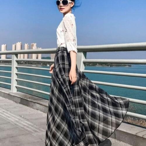 Long Skirts Womens Maxi Skirt Ankle Length Plaid Cage Chiffon High Waist Summer Long Plaid Skirt Korean Style Women Clothes
