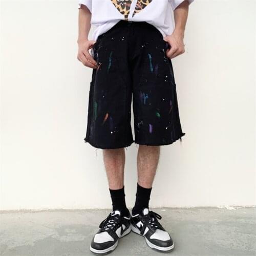 Harajuku splash ink denim shorts vibe style mens streetwear hip hop raw edge Graffiti five-point jeans shorts women summer 2021
