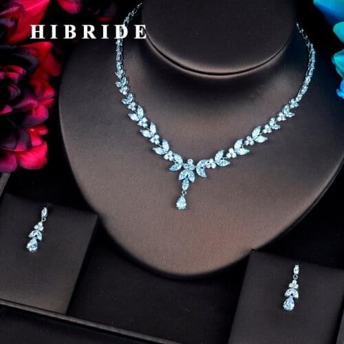 HIBRIDE Luxury New Leaf Shape Shinny Jewelry Sets For Women Bride Necklace Set Wedding Jewelry Dress Accessories Wholesale N-415