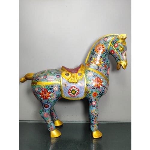 Chinese temple collection Old Bronze Cloisonne Enamel Zodiac horse statue Tangma War horse Ornaments Town House Exorcism