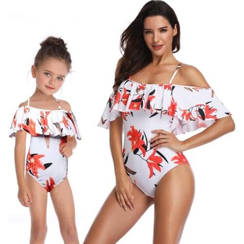 Mother and daughter swimsuits family matching swimwear mommy and me swimsuit ruffles off-shoulder mom little big sister clothes