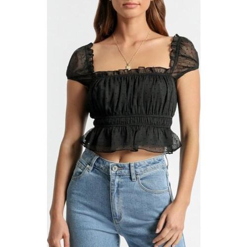 Summer Sexy Black Crop Top Frill Edged Square Neck Blouse Women Ruffle Hem Dot Flocking Crepe Casual Womens Tops And Blouses