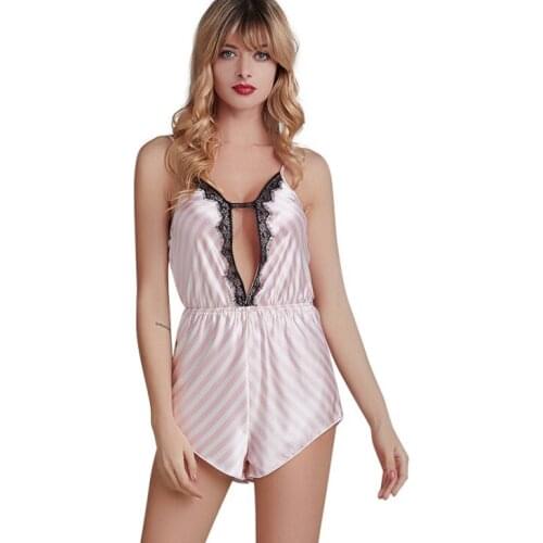 Hot TemptationFemale Clothing Silk Sleepwear Women Summer Sexy Deep V Sling Siamese Shorts Lace Pajamas Home Service Pyjamas