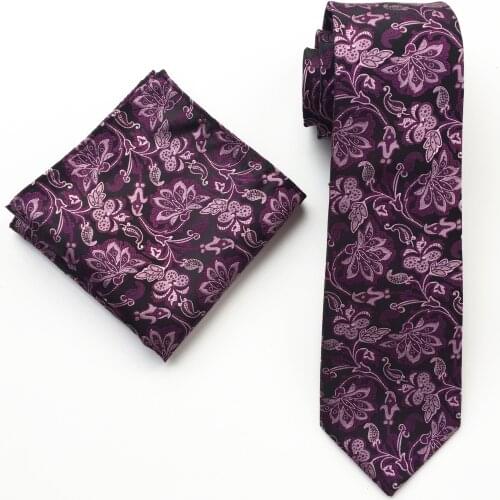 Mens Formal Occasion Necktie Set Elegant Purple Flowers Cravat Pocket Square Sets