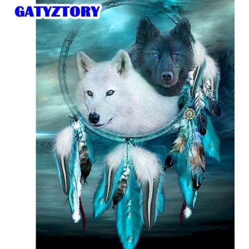 GATYZTORY Framed Painting By Numbers Kits For Adults Wolf Animal Oil Picture By Number Hand Painted Home Living Room Decors
