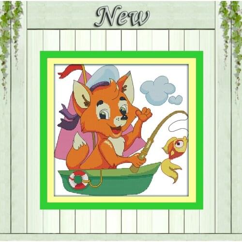 The fishing fox cartoon diy animal painting counted printed on canvas DMC 14CT 11CT Cross Stitch Needlework Sets Embroidery kits