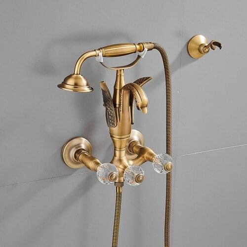 Tuqiu Bathtub and Shower Faucet Set Wall Mounted Gold Swan Bathtub Faucet, Bathroom Cold and Hot Bath and Shower Mixer Tap Brass