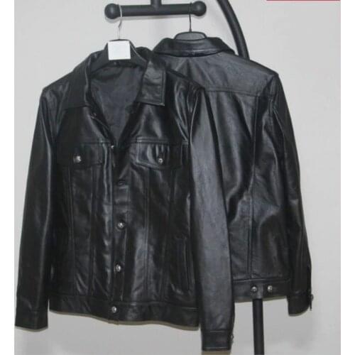 Brand Mens First Layer Cowhide Leather Jacket Men Slim Short Denim Motorcycle Mens Fashion Pocket Genuine Leather Blazer Coat