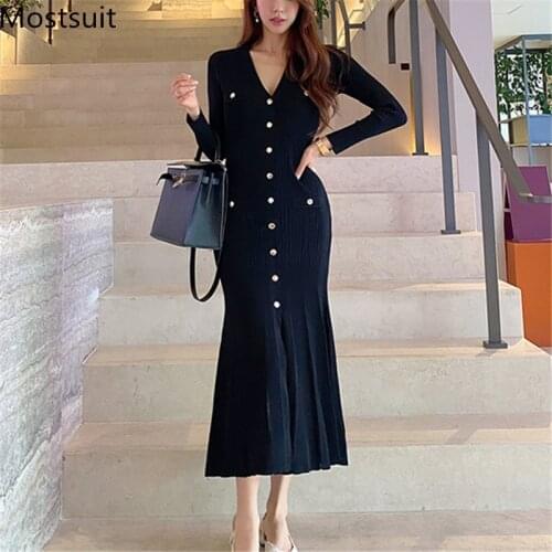 Black Korean Single-breasted Long Dress Women Long Sleeve V-neck Mermaid Dresses Elegant Fashion Ladies Vestidos Femme 2020
