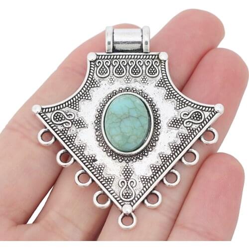 3 x Tibetan Silver Large Boho Chandelier Connector Charms Pendants Oval Faux Turquoise for Jewelry Making Findings 58x52mm