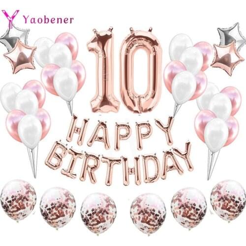 Rose Gold Number 10 Foil Balloons 10 Years Old Happy Birthday Party Decorations Ten 10th Boy Girl Tenth Supplie Anniversary