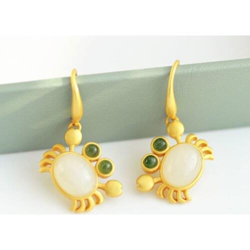 S925 Sterling Silver Natural Hetian White Jade Cute Little Crab Ear Stud Earring Ring Vintage Stylish Opening Female Ring