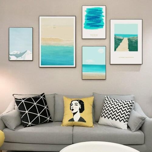 Nordic Style Sea Landscape Abstract Blue Ocean Snow Mountain Forest Canvas Painting Wall Picture Poster Living Room Decoration