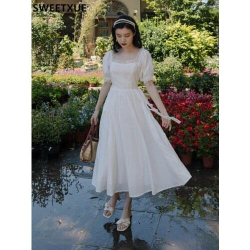 SWEETXUE Womens Summer 2021 Vintage Romantic Square Collar Lace Patchwork Sweet Princess Cute Chic Party Elegant Dress Vestidos