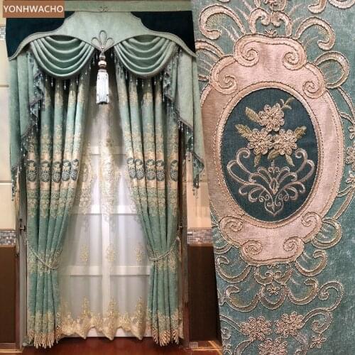 Custom curtains European living room Chenille luxury shading embroidered green cloth blackout curtain valance tulle panel C119