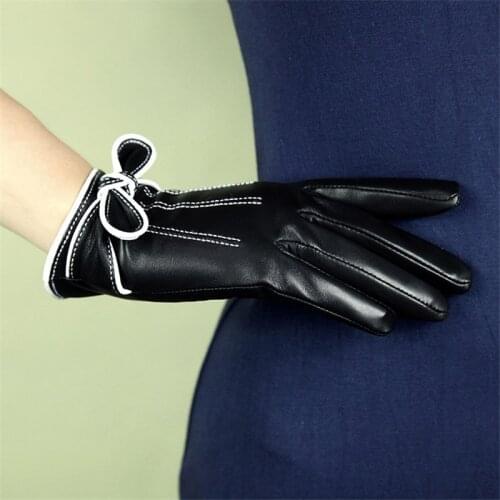 Womens Sheepskin Genuine Leather Gloves Elegant Butterfly Knot Autumn Winter Warm Plush Fashion Driving Gloves Female XC-101