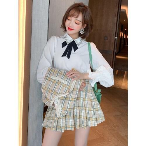 Diamond-studded temperament lapel bow tie wrap cuff simple shirt womens 2020 autumn and winter new